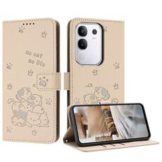 Per vivo Y29 4G Custodia in pelle con motivo a gattino in rilievo con cordino (beige)