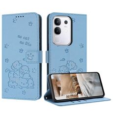 Per vivo Y29 4G Custodia in pelle con motivo a gattino in rilievo con cordino (blu)