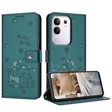 Per vivo Y29 4G Custodia in pelle con motivo a gattino in rilievo con cordino (verde scuro)