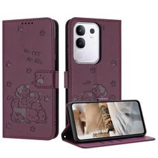 Per vivo Y29 4G Custodia in pelle con motivo a gattino in rilievo con cordino (rosso vino)