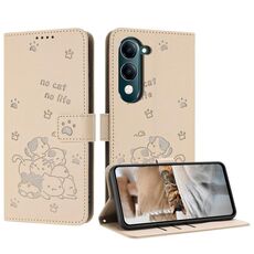 Per vivo Y29s 5G / Y04 4G Custodia in pelle con cordino e motivo a gattino in rilievo (beige)
