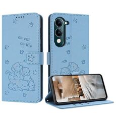 Per vivo Y29s 5G / Y04 4G Custodia in pelle con cordino e motivo a gattino in rilievo (blu)