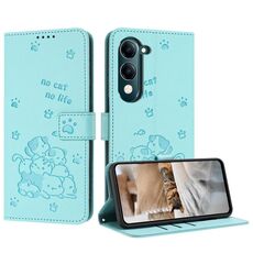 Per vivo Y29s 5G / Y04 4G Custodia in pelle con cordino e motivo a gattino in rilievo (verde menta)