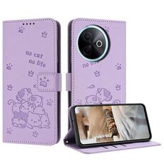 Per vivo Y39 5G Custodia in pelle per telefono con motivo a gattino in rilievo globale con cordino (viola)