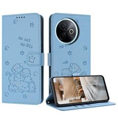 Per vivo Y39 5G Custodia in pelle per telefono con motivo a gattino in rilievo globale con cordino (blu)