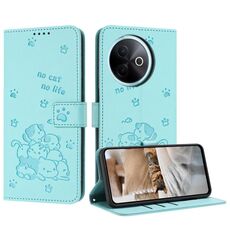 Per vivo Y39 5G Custodia in pelle per telefono con motivo a gattino in rilievo globale con cordino (verde menta)