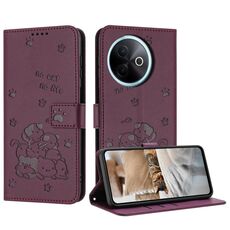 Per vivo Y39 5G Custodia in pelle per telefono con motivo a gattino in rilievo globale con cordino (rosso vino)