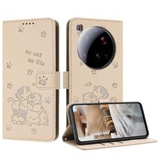 Per Xiaomi 15 Ultra Custodia in pelle con motivo a gattino in rilievo con cordino (beige)