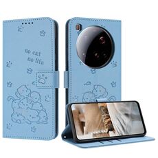 Per Xiaomi 15 Ultra Custodia in pelle con motivo a gattino in rilievo con cordino (blu)