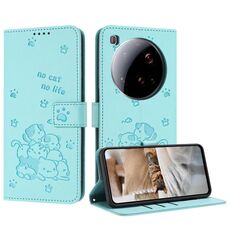 Per Xiaomi 15 Ultra Custodia in pelle con motivo a gattino in rilievo con cordino (verde menta)