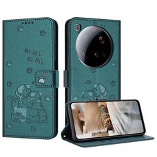 Per Xiaomi 15 Ultra Custodia in pelle con cordino per telefono con motivo a gattino in rilievo (verde scuro)