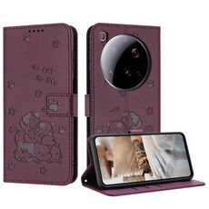 Per Xiaomi 15 Ultra Embossed Kitten Custodia in pelle con cordino (rosso vino)