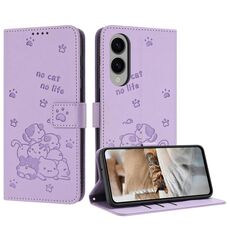 Per Samsung Galaxy S25 Edge 5G Custodia in pelle con motivo a gattino in rilievo e cordino (viola)