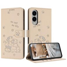 Per Samsung Galaxy S25 Edge 5G Custodia in pelle con motivo a gattino in rilievo con cordino (beige)
