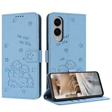 Per Samsung Galaxy S25 Edge 5G Custodia in pelle con motivo a gattino in rilievo con cordino (blu)