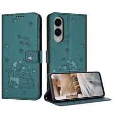 Per Samsung Galaxy S25 Edge 5G Custodia in pelle con motivo a gattino in rilievo con cordino (verde scuro)