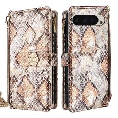 Per Google Pixel 9 Custodia per telefono in pelle con texture a serpente e manico a tracolla (bianco)