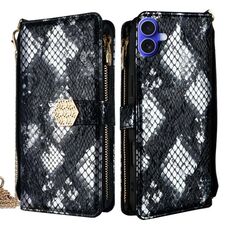 Per iPhone 16 Plus Custodia per telefono in pelle con texture a serpente e manico a tracolla (nero)
