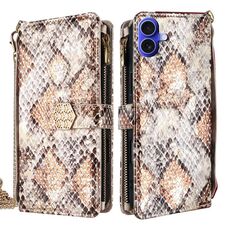 Per iPhone 16 Plus Custodia per telefono in pelle con texture a serpente e manico a tracolla (bianco)