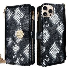 Per iPhone 16 Pro Max Custodia per telefono in pelle con texture serpente e manico a tracolla (nero)