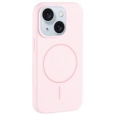 Per iPhone 15 Plus Custodia per telefono con copertura totale in silicone liquido MagSafe con foro grande per fotocamera (rosa bianco)