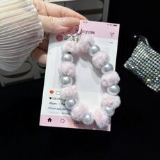 Catena per telefono con perle di cristallo e palla di peluche (rosa)