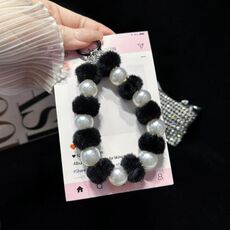 Catena per telefono con perle di cristallo e palla di peluche (bianca)