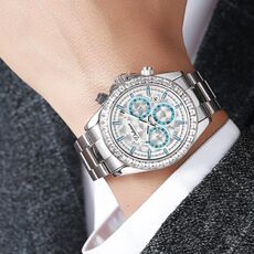 Dulunwe 6055B 30m impermeabile luminoso automatico orologio meccanico (cintura in acciaio naturale blu bianco)