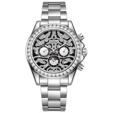 Orologio meccanico automatico Dulunwe 6055A impermeabile 30 m con quadrante con motivo a tigre (cinturino in acciaio argentato)