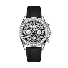 Orologio meccanico automatico Dulunwe 6055A impermeabile 30 m con quadrante con motivo a tigre (cinturino in silicone argentato)