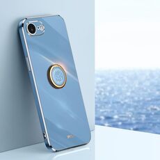 Per iPhone 16e XINLI Custodia per telefono in TPU elettroplaccato 6D con bordo dritto e supporto ad anello (blu celeste)