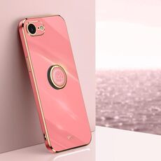 Per iPhone 16e XINLI Custodia per telefono in TPU elettroplaccato 6D con bordo dritto e supporto ad anello (rosso biancospino)