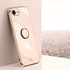 Per iPhone 16e XINLI Custodia per telefono in TPU elettroplaccato 6D con bordo dritto con supporto ad anello (rosa)