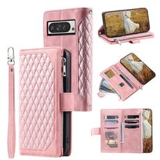 Per Google Pixel 10 Pro XL Custodia per telefono in pelle con cerniera e cordino con trama a griglia (oro rosa)