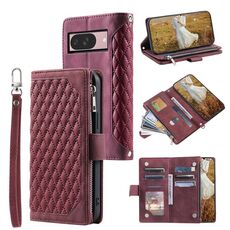 Per Google Pixel 10/10 Pro Custodia per telefono in pelle con cerniera e cordino (rosso vino)