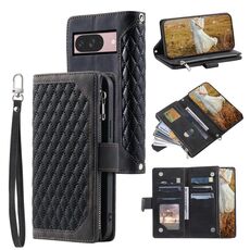 Per Google Pixel 10/10 Pro Custodia per telefono in pelle con cerniera e cordino (nero)