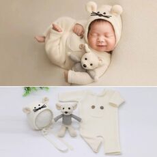 Abbigliamento fotografico per neonato Tuta lavorata a maglia per neonato + cappello + set di tre pezzi per bambola di topo (bianco)