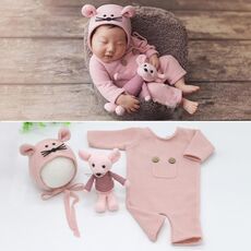 Abbigliamento fotografico per neonato Tuta lavorata a maglia per neonato + cappello + set di tre pezzi per bambola di topo (rosa)