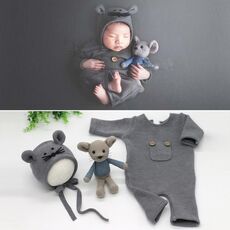 Abbigliamento fotografico per neonato Tuta lavorata a maglia per neonato + cappello + set di tre pezzi per bambola di topo (grigio)
