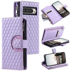 Per Google Pixel 10 Pro XL Custodia per telefono in pelle con cerniera a reticolo glitterato (viola)