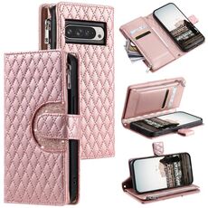 Per Google Pixel 10 Pro XL Custodia per telefono in pelle con cerniera a reticolo glitterato (oro rosa)