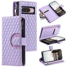 Per Google Pixel 10/10 Pro Custodia per telefono in pelle con cerniera a reticolo glitterato (viola)