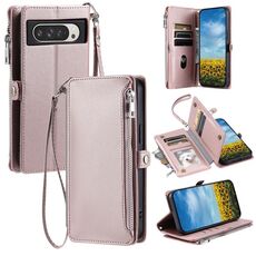 Per Google Pixel 10 Pro XL Custodia per telefono con cerniera con slot multi-scheda e cuciture in pelle (oro rosa)