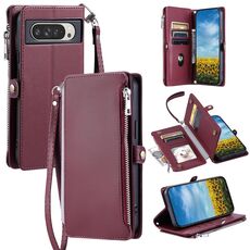 Per Google Pixel 10 Pro XL Custodia per telefono con cerniera con slot multi-scheda e cuciture in pelle (rosso vino)