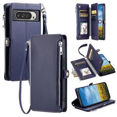Per Google Pixel 10 Pro XL Custodia per telefono con cerniera con slot multi-scheda e cuciture in pelle (blu)