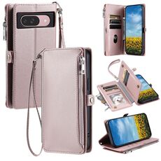Per Google Pixel 10 / 10 Pro Custodia per telefono con cerniera con slot multi-scheda e cuciture in pelle (oro rosa)