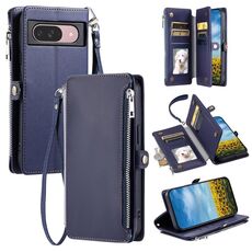 Per Google Pixel 10/10 Pro Custodia per telefono con cerniera con slot multi-scheda e cuciture in pelle (blu)