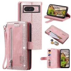 Per Google Pixel 10/10 Pro Custodia per telefono in pelle con cerniera per nove carte con cordino (oro rosa)