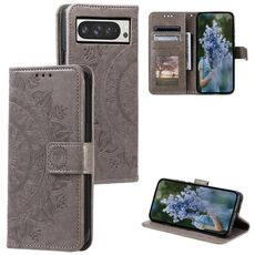 Per Google Pixel 10 Pro XL Custodia per telefono in pelle goffrata con motivo a fiori Totem con cordino (grigio)
