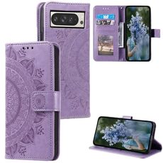 Per Google Pixel 10 Pro XL Custodia per telefono in pelle goffrata con motivo a fiori Totem con cordino (viola)